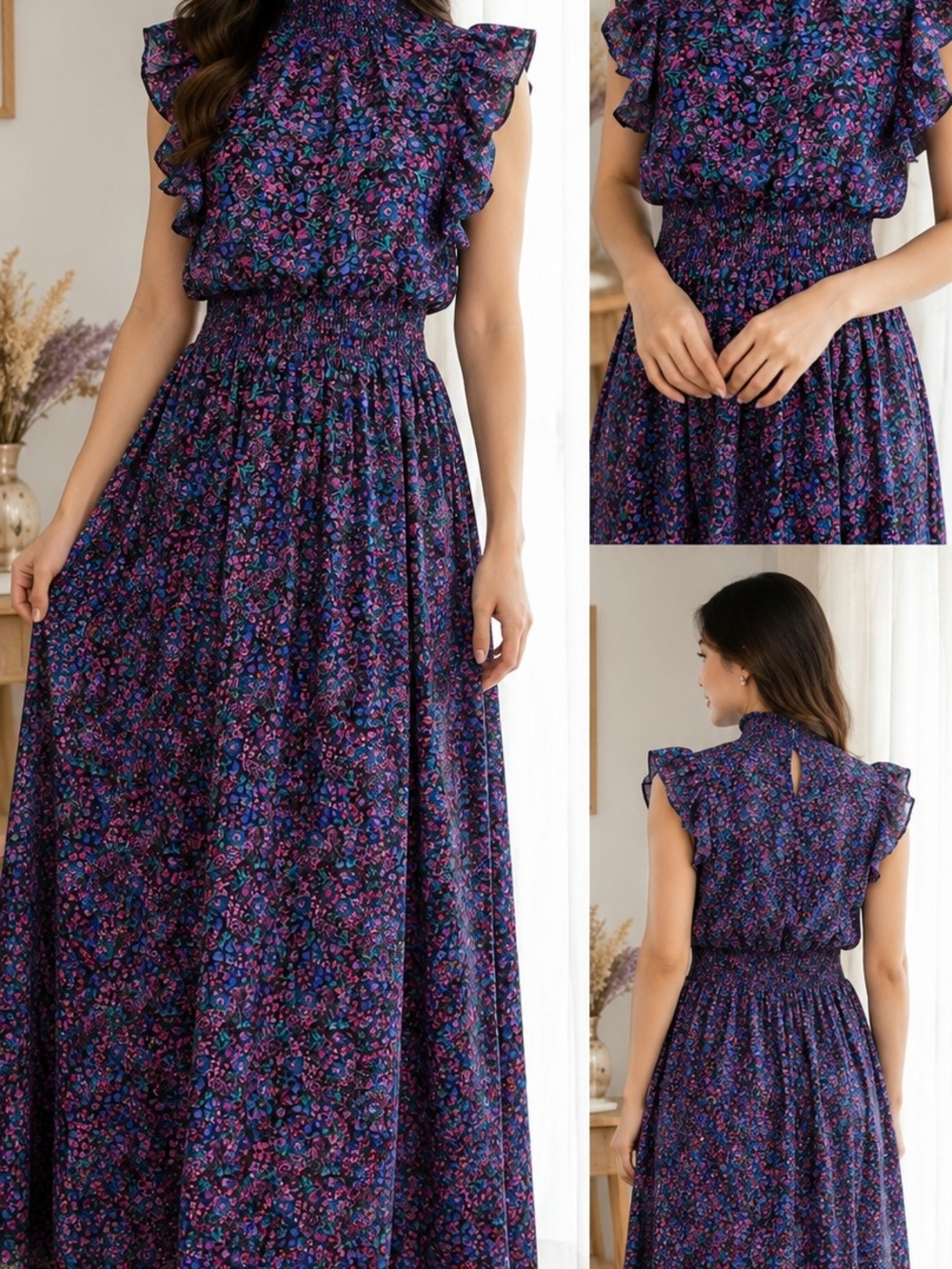 BCBG|Paris Floral Ruffled Smocked Boho Fairycore Waist Maxi Dress in Purple XS